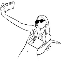 Woman Holding Camera Selfie Line Drawing.