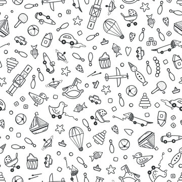 Doodle Kids Toys Seamless Pattern. Cute Various Plastic and Wooden Toy. Baby Background. Childish wallpaper. Childhood. Vector illustration