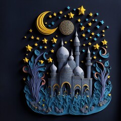 Mosque with papercut style design and ornament star an moon