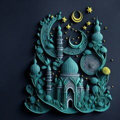 Mosque with Cute Frame papercut style green color