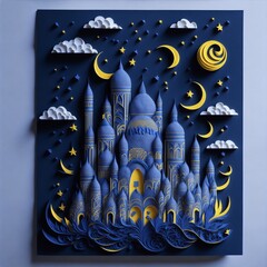 Mosque with papercut style cloud