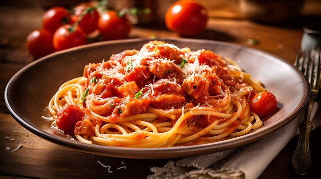 spaghetti with amatriciana sauce in the dish on the wooden table Generative AI