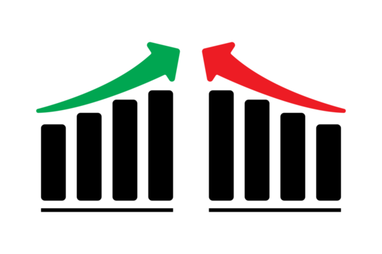 Red and green business chart with arrow, stock exchange, icons 