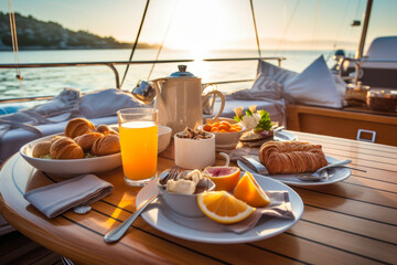 Healthy breakfast with fruit on a luxury yacht or at seaside. Generative AI