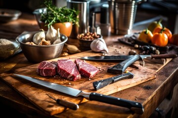 Naklejka na ściany i meble slicing meat on a cutting board table stuff food photography