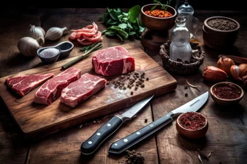 Foto op Plexiglas slicing meat on a cutting board table stuff food photography © MeyKitchen