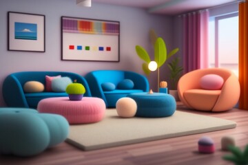 Miniature living room illustration. Comfortable and elegant living room interior design with various decorative furniture. Children's cartoon animation movie style. generative AI.