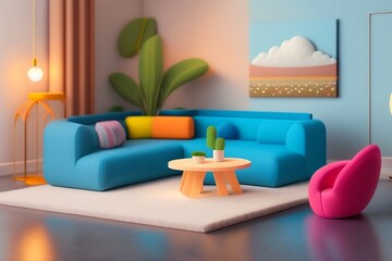 Minimalist living room interior design made from miniature fabrics and wool yarn. Colorful living room interior illustration. children's cartoon animation movie style. generative AI.