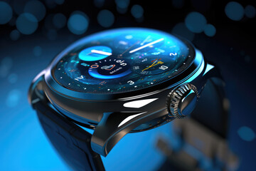 Intricate and futuristic smart watch design. Blue and Silver body on a blue and dark background. Generative AI