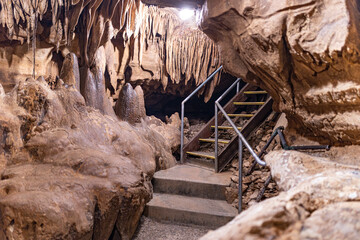 Stairs for guided tour groups in the galleries of Cristal Onyx cave part close to the Mammoth cave...