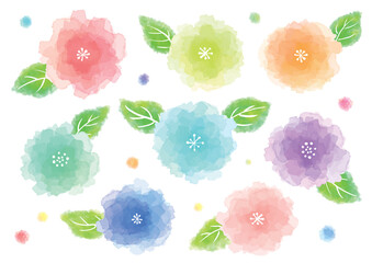 手描きのカラフルな水彩の花と葉っぱのイラスト