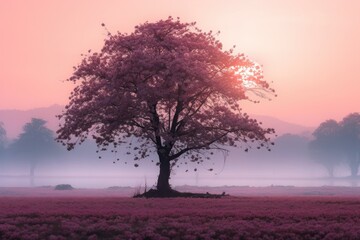 Obraz na płótnie Canvas Portrait tree with pink flower on the meadow AI Generative