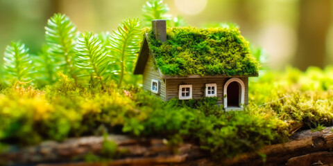 Fototapeta na wymiar Green and environmentally friendly housing concept. Eco house. Miniature wooden house in spring grass, moss and ferns on a sunny day - Generative AI