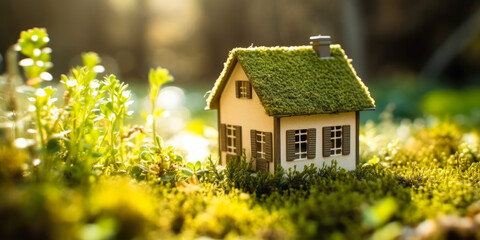 Green and environmentally friendly housing concept. Eco house. Miniature wooden house in spring grass, moss and ferns on a sunny day - Generative AI