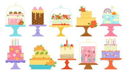 Birthday and wedding cakes celebration desserts cartoon set. Party delicious cupcake sweet bakery collection. Holiday decoration tasty cake, anniversary invitation, card pastries vector design