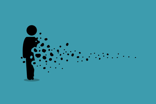 Person man human disappearing, vanishing, and fading away into small sands, dusts, and ashes.  Vector illustrations depict concept of pass away, gone, death, perish, and end of life.