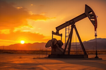Crude oil pumpjack rig on desert silhouette in evening sunset, fossil fuel energy industrial machine for petroleum gas production background. Generative AI