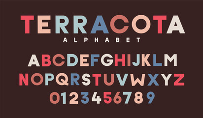 Vector alphabet in broad terracota color scheme with shades of terracota and blue, green. Typeface font for headlines, graphic design