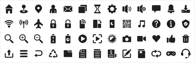 Basic user interface icon set. Universal and common website user interface icons vector collection. Solid design style for mobile phone apps. Contains symbol of folder, lock, security, and volume.