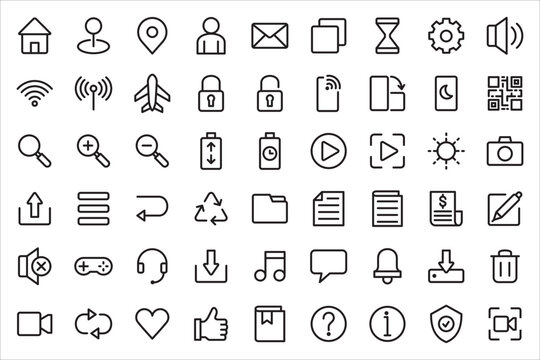 Basic user interface icon set. Universal and common website user interface icons vector collection. Thin line design style for mobile phone apps. Contains symbol of folder, lock, security, and volume.