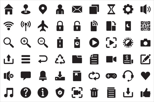 Basic user interface icon set. Universal and common website user interface icons vector collection. Solid design style for mobile phone apps. Contains symbol of folder, lock, security, and volume.