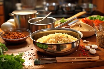 cooking fried rice in a kitchen table stuff food photography - obrazy, fototapety, plakaty