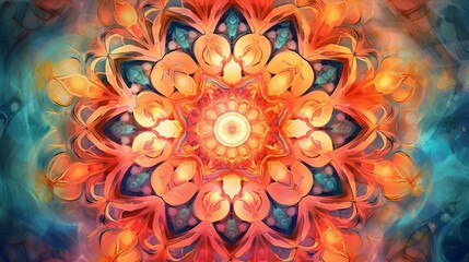 A vibrant orange and blue floral painting. Generative AI