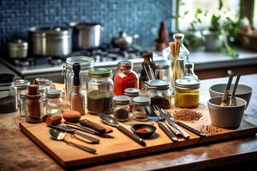 cooking something in a kitchen table stuff food photography - obrazy, fototapety, plakaty