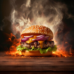 Burgers, flame cooking, juicy and delicious great pictures, food photography, gourmet,　Generative AI