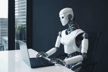 digital paper artificial ai office document technology hand laptop robot. Generative AI.