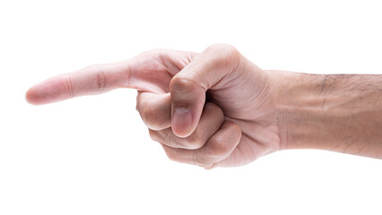 Male hand touching or pointing to something isolated on white background.