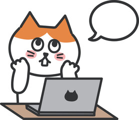 Orange tabby cat thinking something good while using a computer. Vector illustration with a speech bubble.