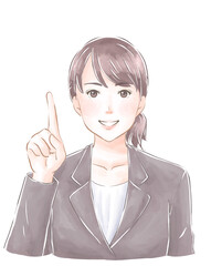 指さしをして解説するスーツの女性　水彩風