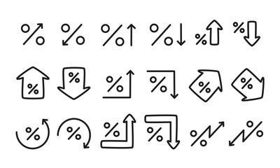 増加と減少を意味する矢印とパーセントのイラストセット/成長/衰退/ビジネス/経済/ベクター/アイコン/デザイン/要素/マーク/モノクロ