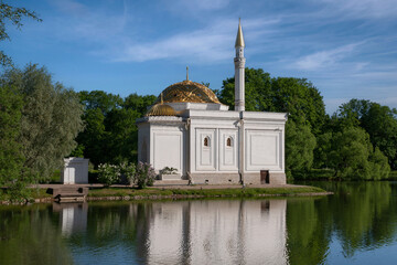 The pavilion of the Turkish Bath on the shore of a Large pond in the Catherine Park in Tsarskoye...