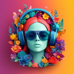 Young woman with headphones and flowers on a background, 3d psychedelic realism, music concept