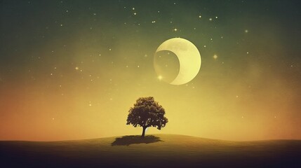 A solitary tree on a hill under a crescent moon. Islamic background. Generative AI