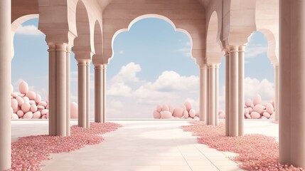 A beautiful walkway adorned with pink flowers. Generative AI