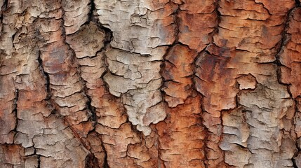 A textured tree trunk with brown and white bark. Generative AI
