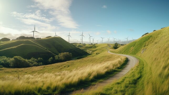Wind turbines on the hill. green alternative energy. Generative AI