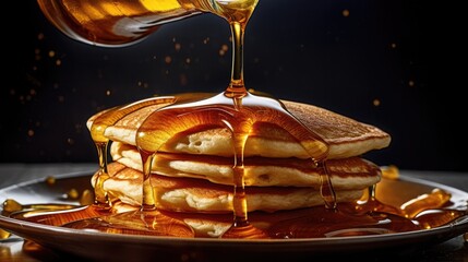 pouring maple syrup over pancakes - food photography - made with Generative AI tools - obrazy, fototapety, plakaty