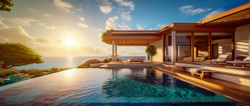 Ultra luxury ocean view vacation beach house with a beautiful ocean view. Modern architecture with pool for a summer vacation in paradise (generative AI)