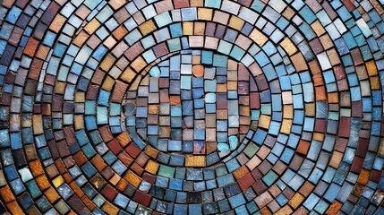 A circular mosaic tile wall with intricate design. Generative AI
