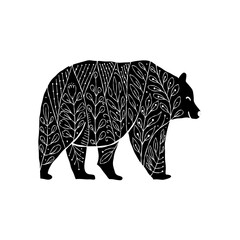 Black Bear silhouette with abstract Floral Ornament isolated on white