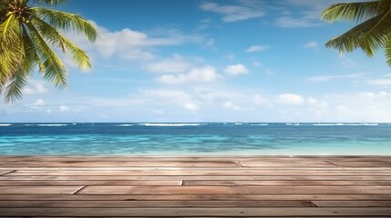A wooden deck with a view of the ocean. Generative AI