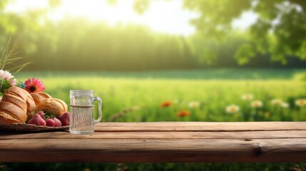 A basket of croissants and a glass of water on a wooden table. Generative AI