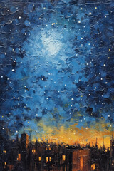 An oil painting of abottom up view of the textured nightime sky with twinkly stars. AI generative