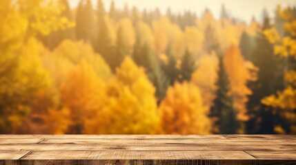 Naklejka na ściany i meble A wooden table with a blurry background of trees. Generative AI