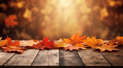 Naklejka na ściany i meble A wooden table topped with autumn leaves. Generative AI