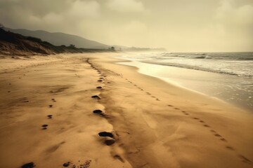 Fototapeta na wymiar Footprints on a pristine sandy beach. Generative AI